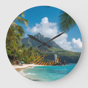 Vintage Style Hawaiian Blue Sea Palms Sky Travel Large Clock