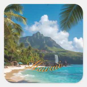 Vintage Style Hawaiian Blue Sea Palms Sky Travel Square Sticker