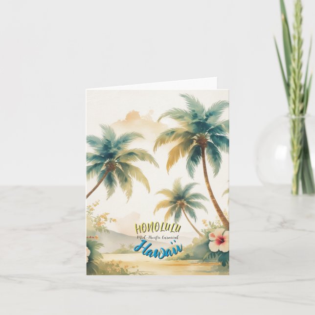 Vintage Style Hawaiian Seascape Palms Travel Art Card (Front)
