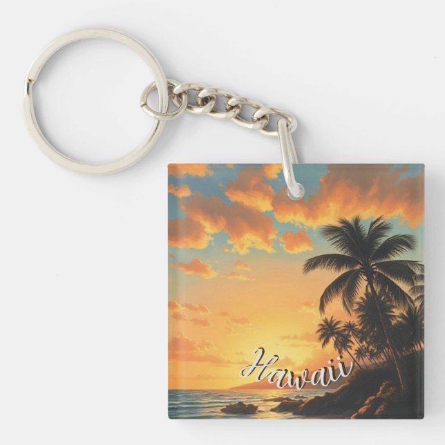 Vintage Style Hawaiian Travel Coast Sea Sunset Keychain (Front)