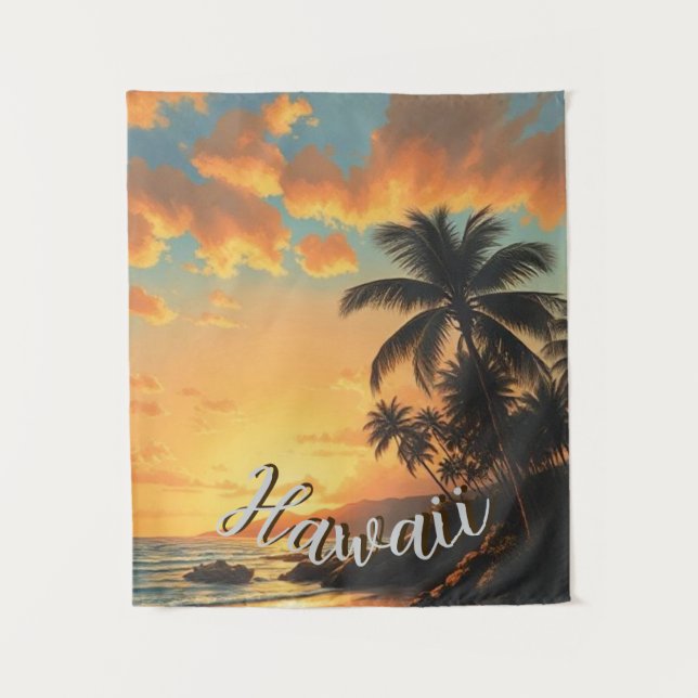 Vintage Style Hawaiian Travel Coast Sea Sunset Tapestry (Front)