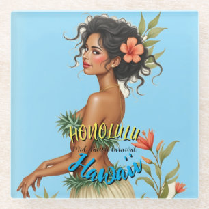 Vintage Style Hawaiian Travel Honolulu Hula Girl Glass Coaster