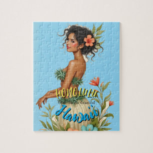 Vintage Style Hawaiian Travel Honolulu Hula Girl Jigsaw Puzzle