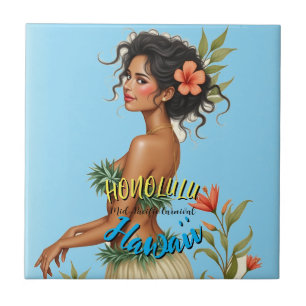 Vintage Style Hawaiian Travel Honolulu Hula Girl Tile