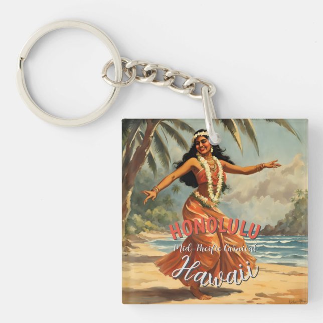 Vintage Style Hawaiian Travel Honolulu Mid-Pacific Keychain (Front)