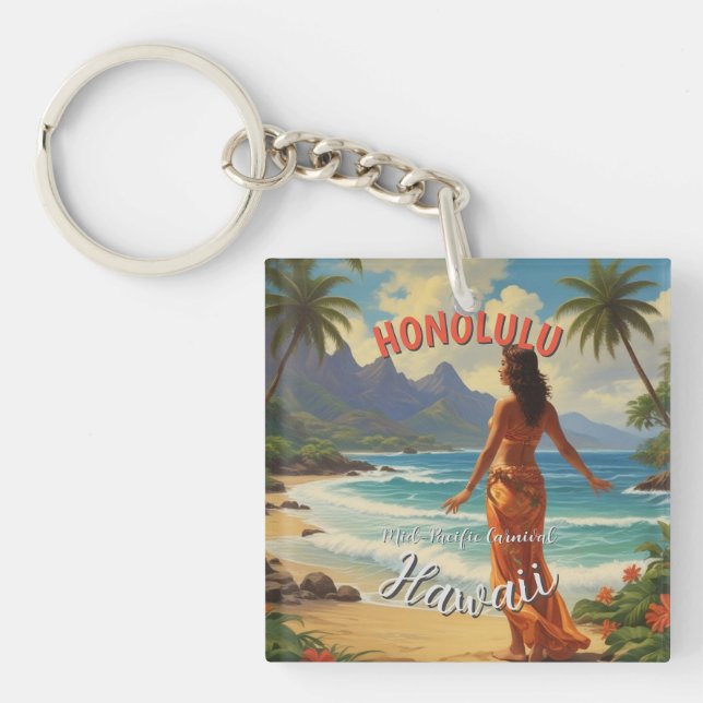 Vintage Style Hawaiian Travel Honolulu Mid-Pacific Keychain (Front)