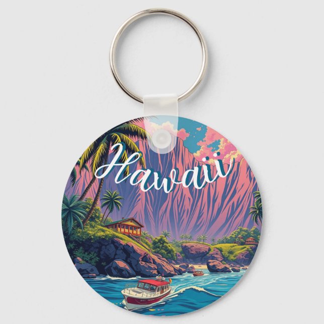 Vintage Style Hawaiian Travel Honolulu Mid-Pacific Keychain (Front)
