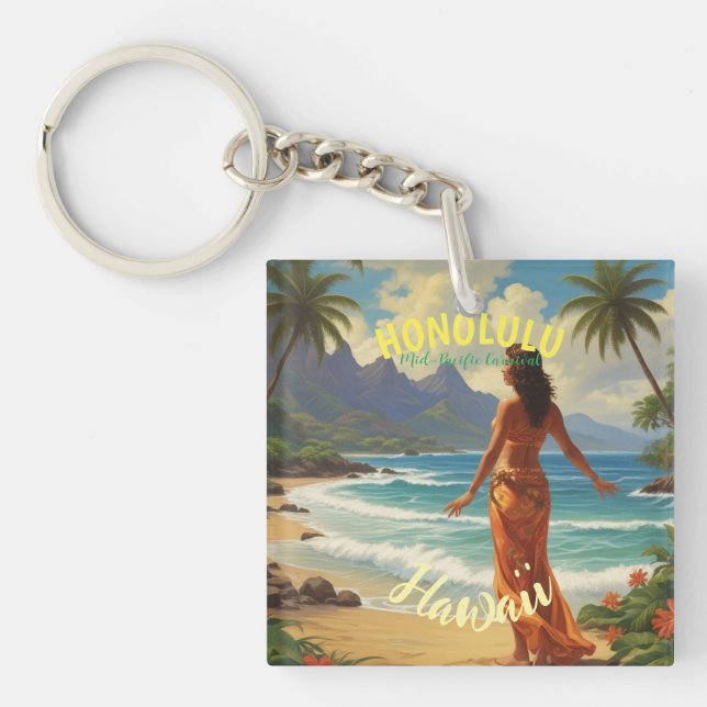 Vintage Style Hawaiian Travel Honolulu Mid-Pacific Keychain (Front)