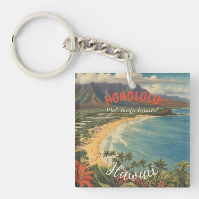 Vintage Style Hawaiian Travel Honolulu Mid-Pacific Keychain (Front)