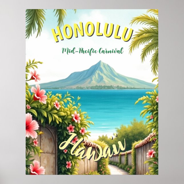 Vintage Style Hawaiian Travel Honolulu Mid-Pacific Poster (Front)