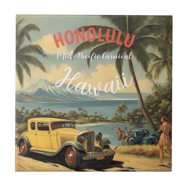 Vintage Style Hawaiian Travel Honolulu Mid-Pacific Tile (Front)