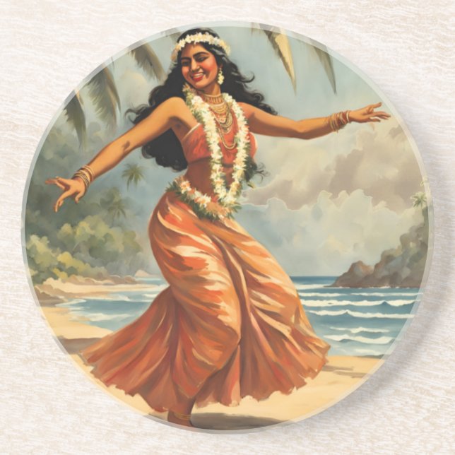 Vintage Style Hawaiian Travel Hula Girl Dancing Coaster (Front)
