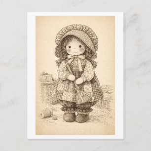 Vintage-Style Holly Hobbie Pen and Ink Drawing Postcard