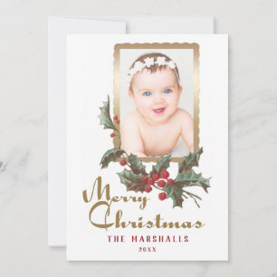 Vintage Style Holly   Merry Christmas   Photo Holiday Card