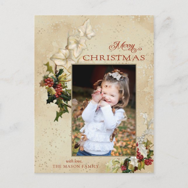 Vintage Style Holly Merry Christmas Photo Postcard (Front)