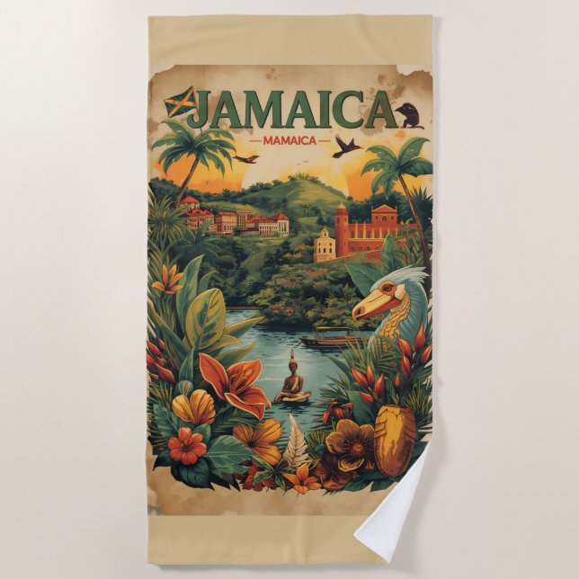 Vintage Style Jamaica Travel Illustration Beach Towel (Front)