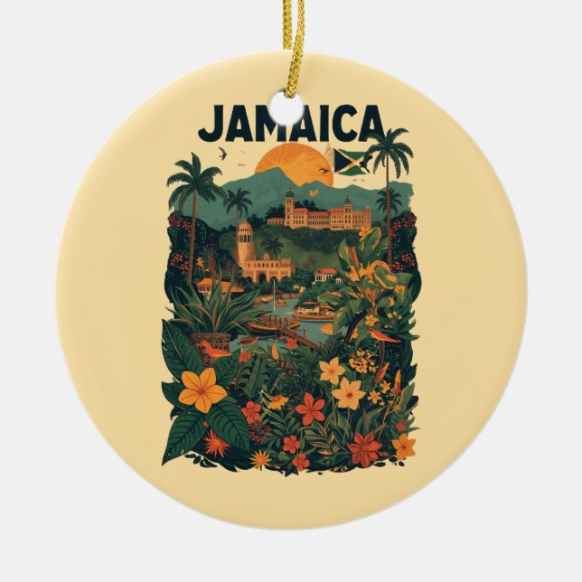 Vintage Style Jamaica Travel Illustration Ceramic Ornament (Front)