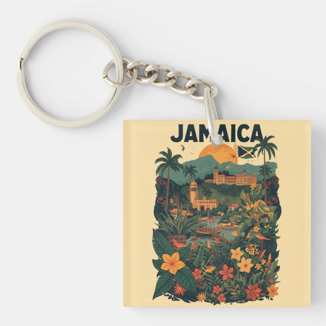 Vintage Style Jamaica Travel Illustration Keychain (Front)