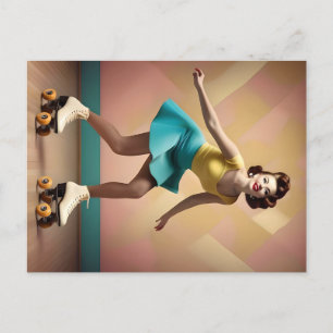Vintage Style Lady Roller Skating Backwards, Postcard