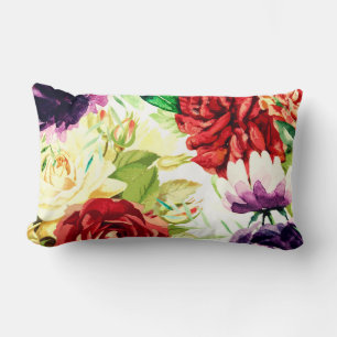 Vintage Style Large Watercolor Flowers Lumbar Pillow