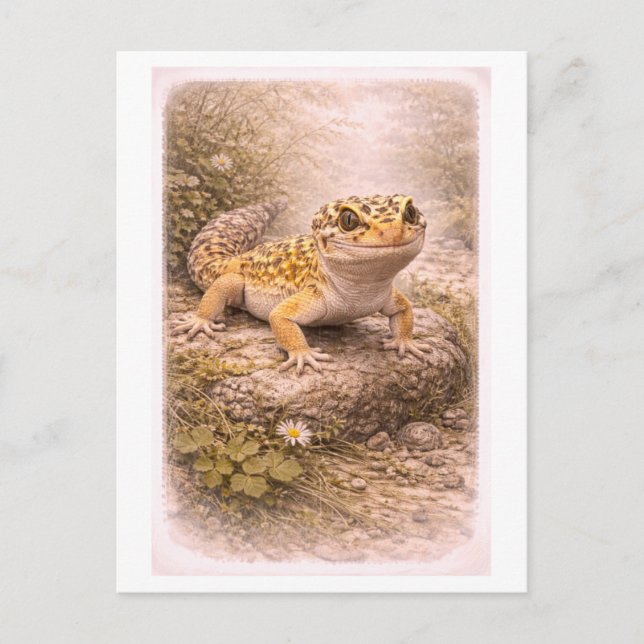 Vintage-Style Leopard Gecko Illustration Postcard (Front)