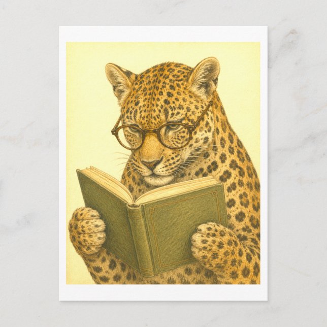 Vintage-Style Leopard Reading Postcard (Front)