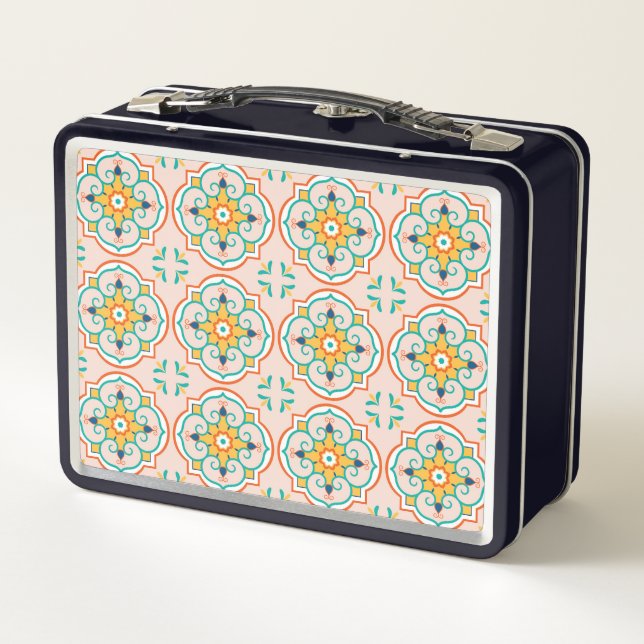 Vintage-style lunchbox featuring a repeating  (Back)