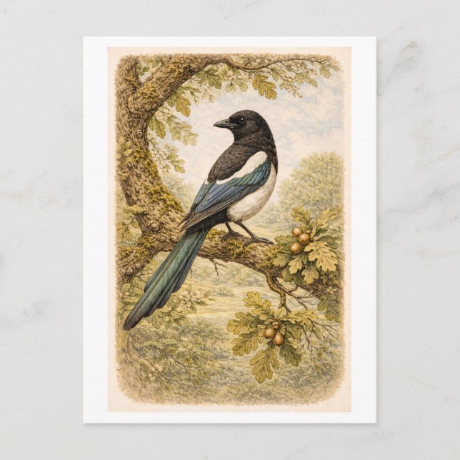 Vintage-Style Magpie lllustration Postcard (Front)