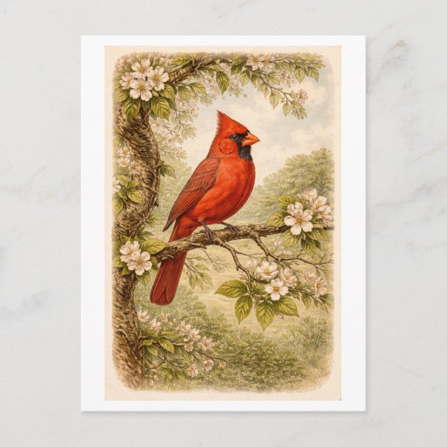 Vintage-Style Male Cardinal lllustration Postcard (Front)