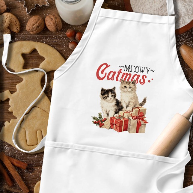 Vintage Style Meowy Catmas Cat Christmas Standard Apron (Creator Uploaded)