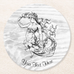 Vintage Style Mermaid Your Colour Round Paper Coaster
