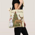 Vintage Style Merry Christmas Tote Bag<br><div class="desc">A vintage style merry christmas scene with a tree a snowman and a reindeer. This design looks really effective on this Tote Bag</div>