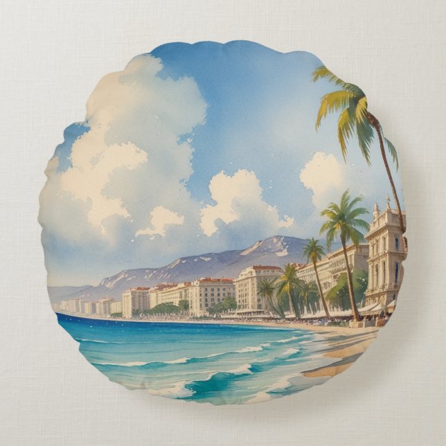 Vintage Style Monte Carlo Beach Travel Round Pillow (Front)