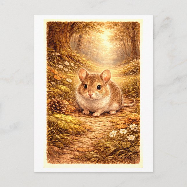 Vintage-Style Mouse in Forest Illustration Postcard (Front)