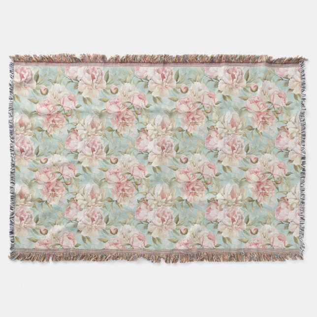 Vintage style neutral floral pattern throw blanket (Front)