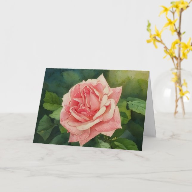 Vintage Style Peachy Pink Rose Garden Art Card (Yellow Flower)