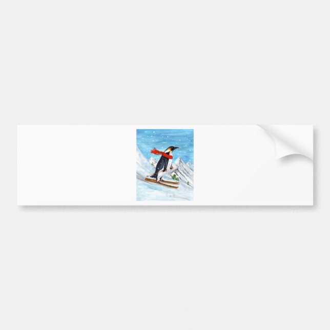 Vintage Style Penguin Downhill Skiing Bumper Sticker (Front)