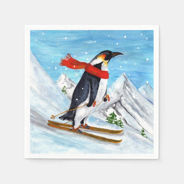 Vintage Style Penguin Downhill Skiing Napkin (Front)
