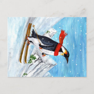 Vintage Style Penguin Downhill Skiing Postcard