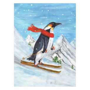Vintage Style Penguin Downhill Skiing Tablecloth