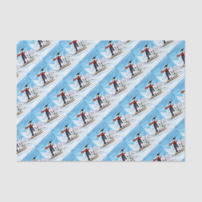 Vintage Style Penguin Downhill Skiing Tissue Paper (Front)