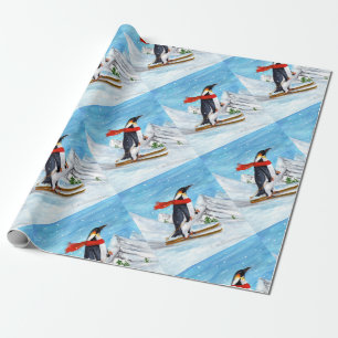 Vintage Style Penguin Downhill Skiing Wrapping Paper