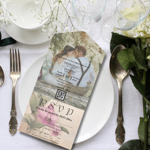 Vintage Style Pink Orchid Photo QR Code Website All In One Invitation