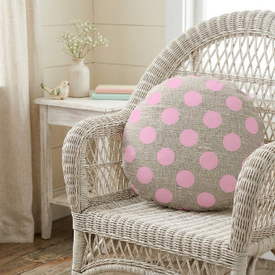 Vintage Style Pink Polka Dots on Burlap Round Pillow
