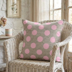 Vintage Style Pink Polka Dots on Burlap Throw Pillow