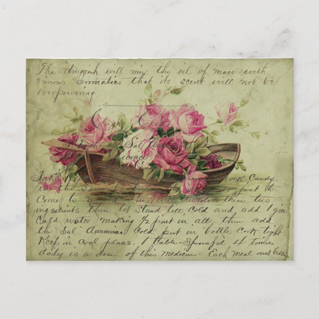 Vintage Style Pink Roses and Boat Postcard (Front)