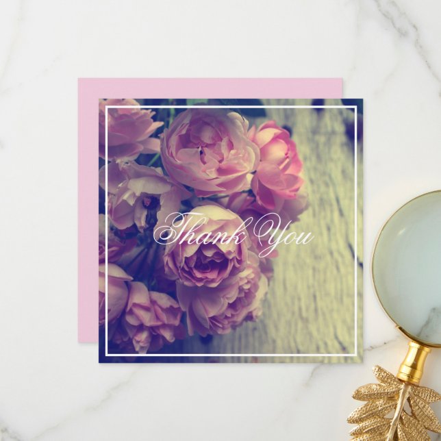Vintage Style Pink Roses Thank You Card (Front/Back In Situ)