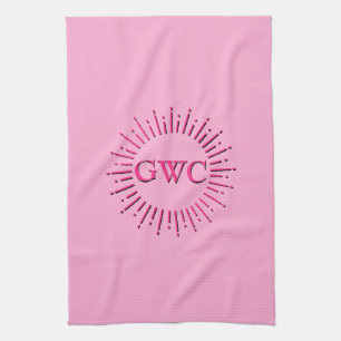 Vintage Style Pink Sun Burst Custom Monogram Kitchen Towel