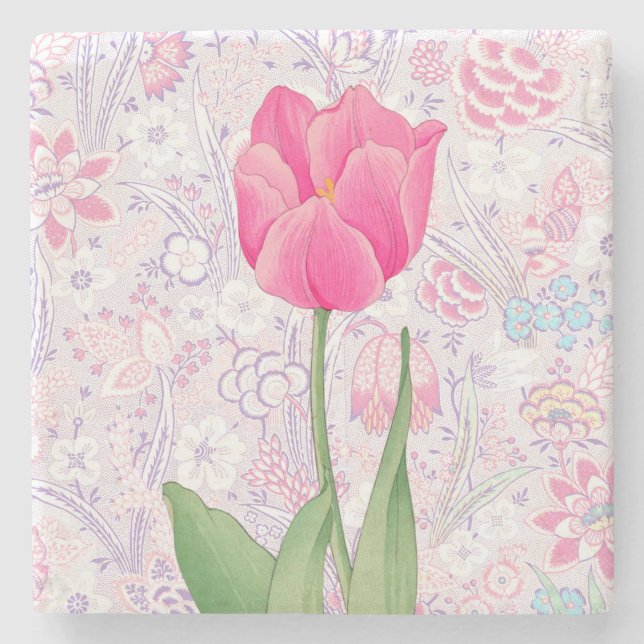 Vintage Style Pink Tulip Flower Coaster (Front)