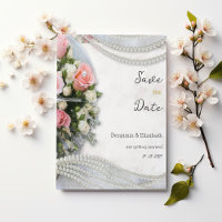 Vintage style pink white rose pearl Save the Date